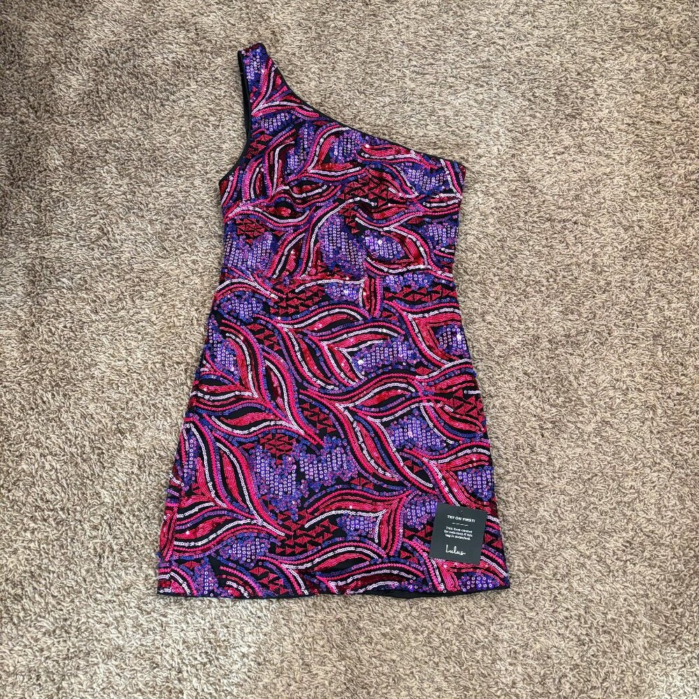 Brand New with Tags Lulu's Mini Party Dress - Pink/Purple/Black